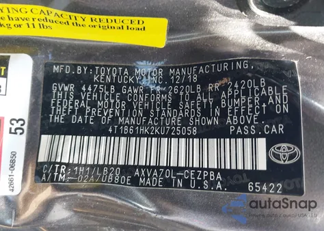 2019 Toyota Camry Xse z USA, uszkodzony, nr VIN 4T1B61HK2KU725058